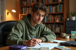 Joueur adulte assis à un bureau en bois entouré de cartouches GBA Pokémon et d'un Game Boy Advance SP pour une session Nuzlocke