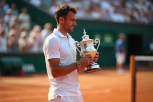 Joueur de tennis professionnel tenant un trophée du Grand Chelem sur un court en terre battue