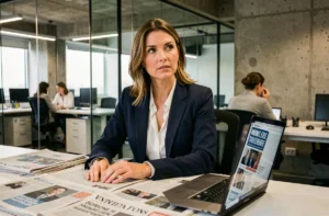 Journaliste femme dans une salle de rédaction moderne consultant les actualités du jour sur ordinateur et journaux imprimés