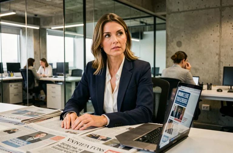 Journaliste femme dans une salle de rédaction moderne consultant les actualités du jour sur ordinateur et journaux imprimés