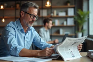 Journaliste masculin analysant des journaux et actualités sur ordinateur dans une salle de rédaction moderne