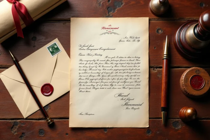 Vue de dessus d'une lettre manuscrite adressée à un notaire avec cachet de cire, stylo plume et enveloppe officielle sur un bureau en bois
