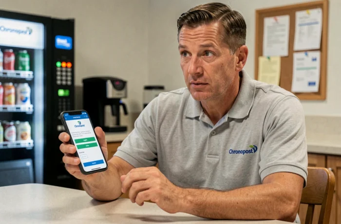 Livreur Chronopost consultant le portail CSE sur smartphone dans une salle de pause