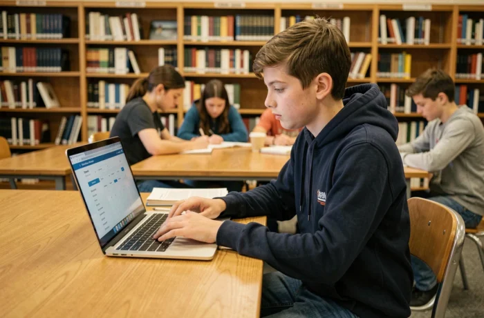 Lycéen consultant le portail Pronote sur un ordinateur portable dans la bibliothèque du lycée Woillez