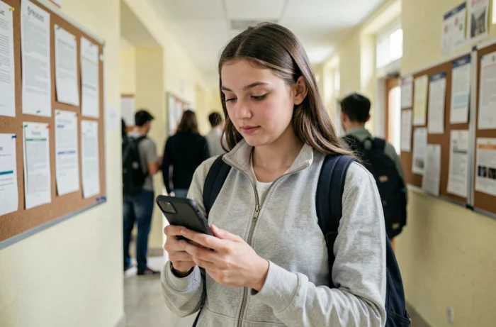 Lycéenne consultant ses notes et absences sur Pronote via smartphone dans les couloirs du lycée