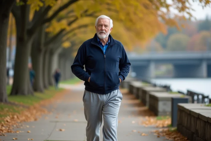 Homme de 68 ans marchant activement le long d'une promenade en bord de rivière pour prendre soin de sa santé