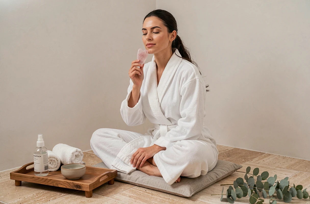Jeune femme pratiquant un massage gua sha en quartz rose dans un espace bien-être à domicile avec des accessoires de soin innovants