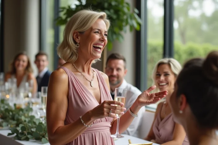 Mère de la mariée prenant la parole avec émotion et sourire lors du repas de mariage