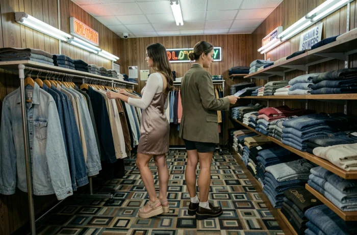 Deux jeunes femmes en tenues tendance 1994 — robe nuisette et blazer oversize — faisant du shopping dans une boutique vintage aux décors typiques des années 90