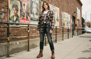 Jeune femme en tenue grunge emblématique de 1994, chemise à carreaux, jean taille haute et bottines chunky dans une rue urbaine vintage
