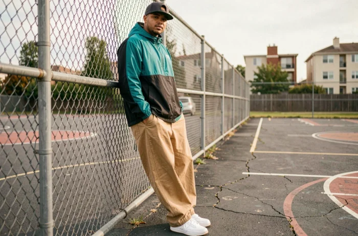 Homme en streetwear années 90 avec coupe-vent color block, pantalon baggy et casquette snapback sur un terrain de basket urbain