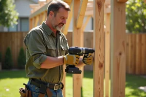 Homme en train de visser une poutre en bois lors du montage d'une pergola en bois dans un jardin de maison individuelle
