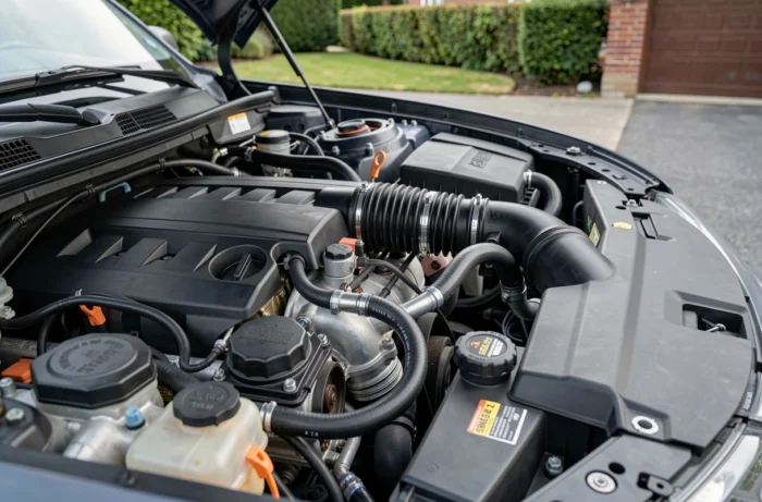 Moteur turbo avec reprogrammation stage 1 visible sur le module ECU sous le capot d'une voiture garée