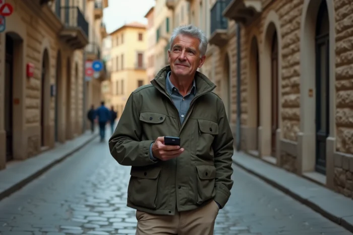 Homme naviguant avec une carte hors ligne sur smartphone dans une ruelle pavée en ville