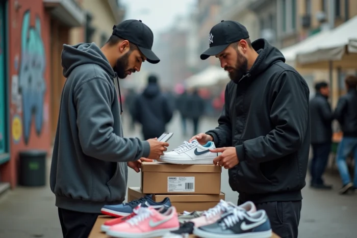 Deux hommes négociant l'achat d'une paire de sneakers à un marché urbain de revente en plein air