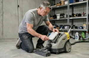 Homme retirant le filtre mousse d'un aspirateur Karcher WD4 dans un garage atelier pour procéder au nettoyage
