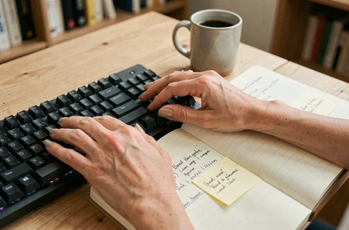 Mains féminines prenant des notes sur les alternatives et l'évolution d'un logiciel renommé dans un bureau à domicile