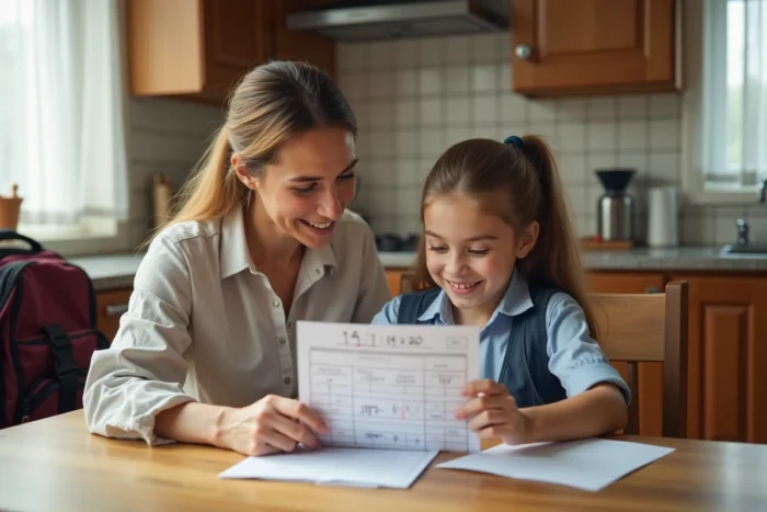 Mère et fille consultant un bulletin scolaire avec une note de 14 sur 20 à la maison