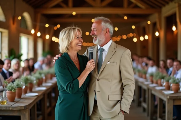 Parents des mariés partageant un discours complice et humoristique ensemble devant les invités du mariage