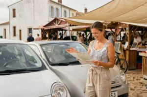 Femme détendue trouvant facilement une place de parking près du marché de Fort-Mahon en été