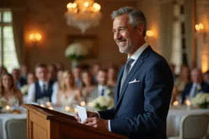 Père de marié souriant tenant un discours émouvant avec humour lors d'une réception de mariage dans un château