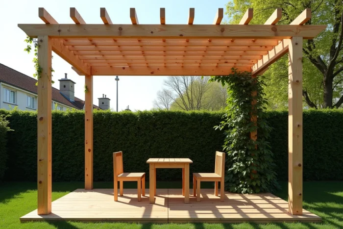 Pergola en bois entièrement montée sur une terrasse de jardin résidentiel avec mobilier de jardin en dessous