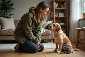 Une pet sitter professionnelle en formation pratique interagissant avec un golden retriever et un chat dans un intérieur chaleureux