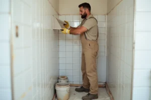 Poseur professionnel appliquant une toile de verre sur du carrelage mural dans une salle de bain en cours de rénovation