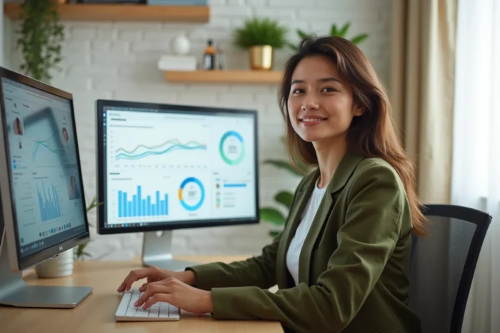 Professionnelle travaillant depuis son bureau à domicile sur des tableaux de bord de performance par zones AMER, EMEA et APAC sur double écran