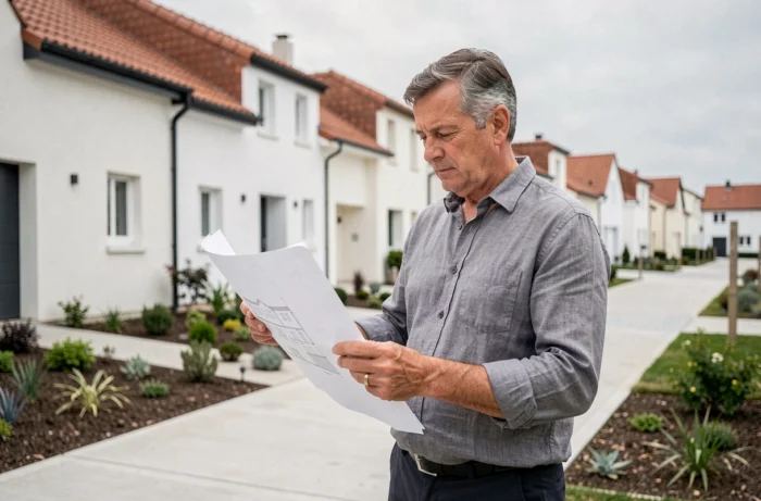 Homme examinant des plans architecturaux devant un programme immobilier neuf en banlieue française