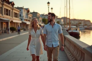 Couple se promenant sur le front de mer d'Arcachon au coucher du soleil, villas de style Belle Époque en arrière-plan