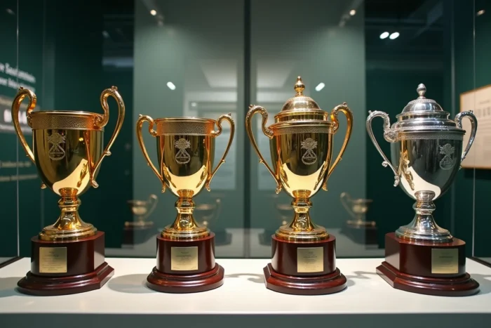 Les quatre trophées des Grands Chelems du tennis réunis sur une table d'exposition dans un musée sportif
