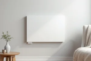 Radiateur électrique à panneau blanc fixé au mur dans un salon moderne au style scandinave