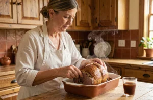 Femme réchauffant un rôti de bœuf dans un plat en céramique avec du bouillon de bœuf dans une cuisine rustique