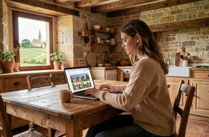 Jeune femme recherchant des biens immobiliers en ligne dans une maison de campagne française