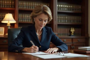 Femme professionnelle rédigeant une lettre formelle dans un bureau de notaire avec des documents officiels sur le bureau