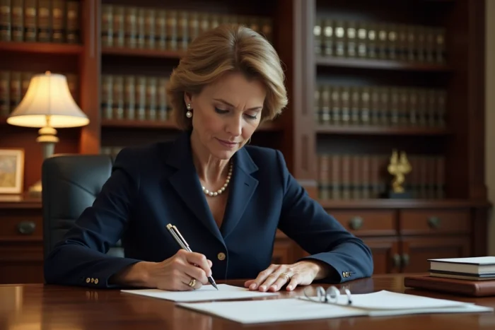 Femme professionnelle rédigeant une lettre formelle dans un bureau de notaire avec des documents officiels sur le bureau