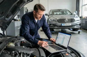 Technicien automobile connectant un outil de diagnostic OBD pour une reprogrammation moteur stage 1 dans un garage professionnel