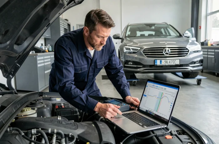 Technicien automobile connectant un outil de diagnostic OBD pour une reprogrammation moteur stage 1 dans un garage professionnel