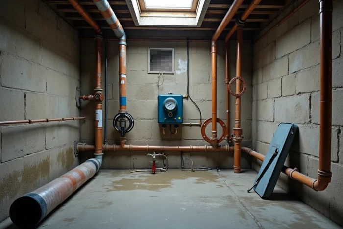 Réseau de tuyaux en cuivre et compteur d'eau dans une cave bruxelloise inspectée avant l'hiver