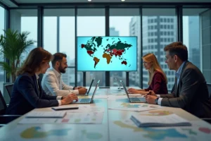 Équipe internationale en réunion d'affaires autour d'une carte du monde segmentée en zones AMER, EMEA et APAC dans une salle de conférence moderne