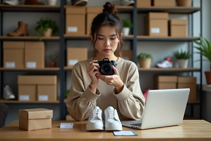 Revendeuse de sneakers photographiant des chaussures en édition limitée dans son espace de revente à domicile