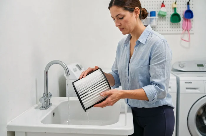 Femme rinçant le filtre cartouche plissé d'un aspirateur Karcher WD4 sous l'eau courante dans une buanderie