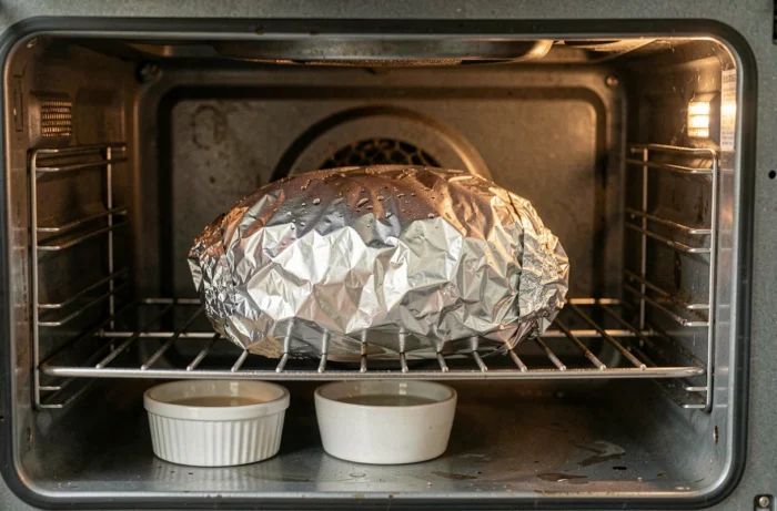 Rôti de bœuf enveloppé dans du papier aluminium dans un four domestique avec ramequin d'eau pour conserver le moelleux
