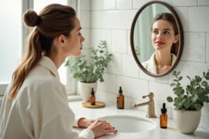 Femme prenant soin de sa peau avec des produits de beauté naturels dans une salle de bain épurée, routine beauté bien-être au féminin