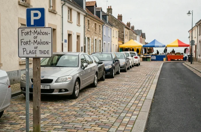 Rue de Fort-Mahon avec places de parking disponibles à proximité du marché local