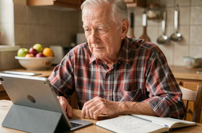 Senior apprenant à utiliser une tablette pour comprendre les bases de l'informatique dans sa cuisine