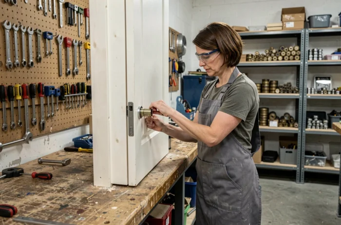 Serrurieure féminine installant un cylindre haute sécurité dans son atelier professionnel