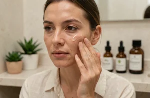 Femme appliquant un sérum visage naturel dans une salle de bain minimaliste avec des produits cosmétiques biologiques en verre ambré