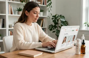 Femme faisant son shopping beauté en ligne sur un laptop depuis son bureau à domicile entouré de produits cosmétiques